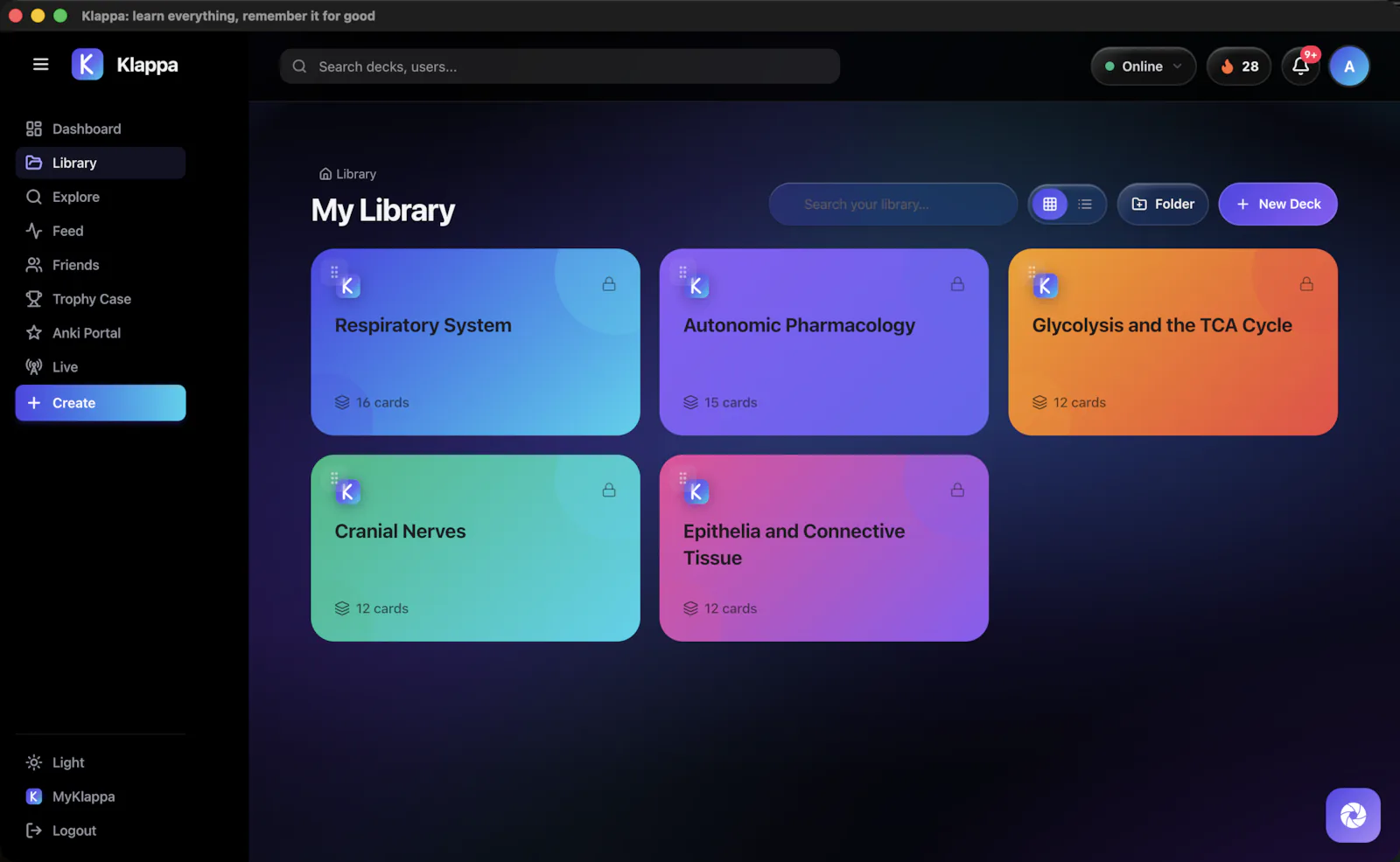 The Klappa Library in the Mac app, showing five decks as colored tiles with their card counts.