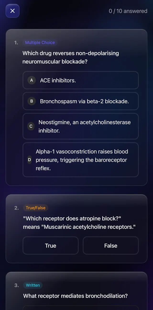 Klappa Test mode showing a multiple choice question, a true or false question and a written question from one deck.